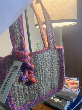 No Boundaries Straw Tote with Pink & Purple Trim